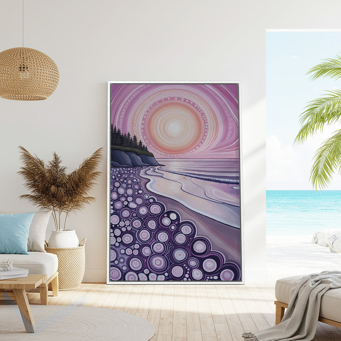 Framed Wall Art: Coastal abstract art in purple and pink hues. Modern beach scene Canvas Print adds a serene touch to any interior. Shop now!