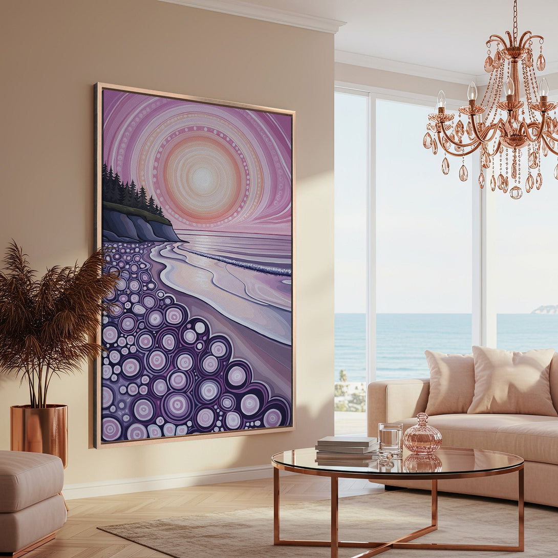 Framed Wall Art featuring a beach scene in a modern style, with a purple and pink color palette, displayed in a cozy interior setting.