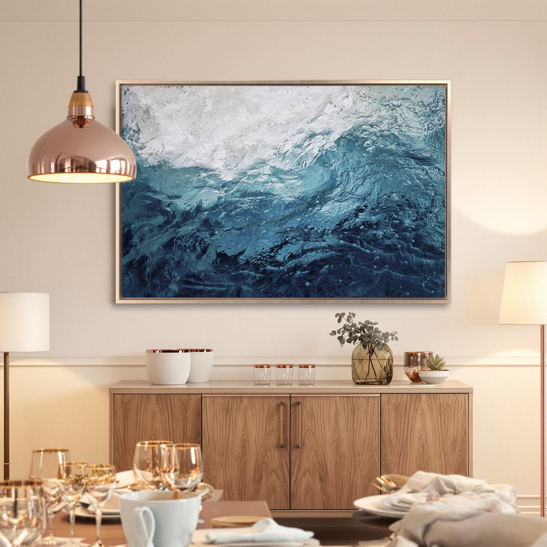 Framed Wall Art: Abstract ocean waves in teal and white. Modern canvas print adds a calming touch to any interior. Shop now!