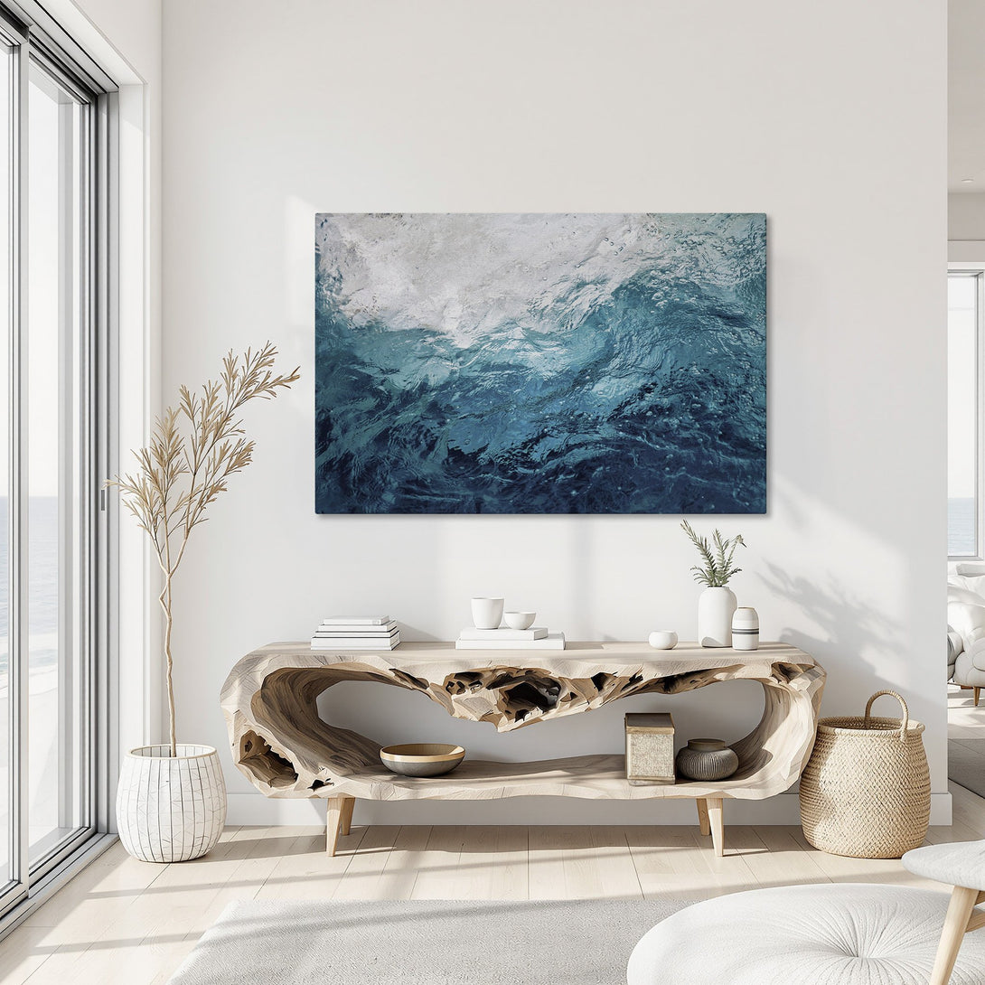 Framed Wall Art: Stunning ocean wave Canvas Print in a modern interior. Blue & white color palette creates a serene, coastal vibe. Perfect for home decor!