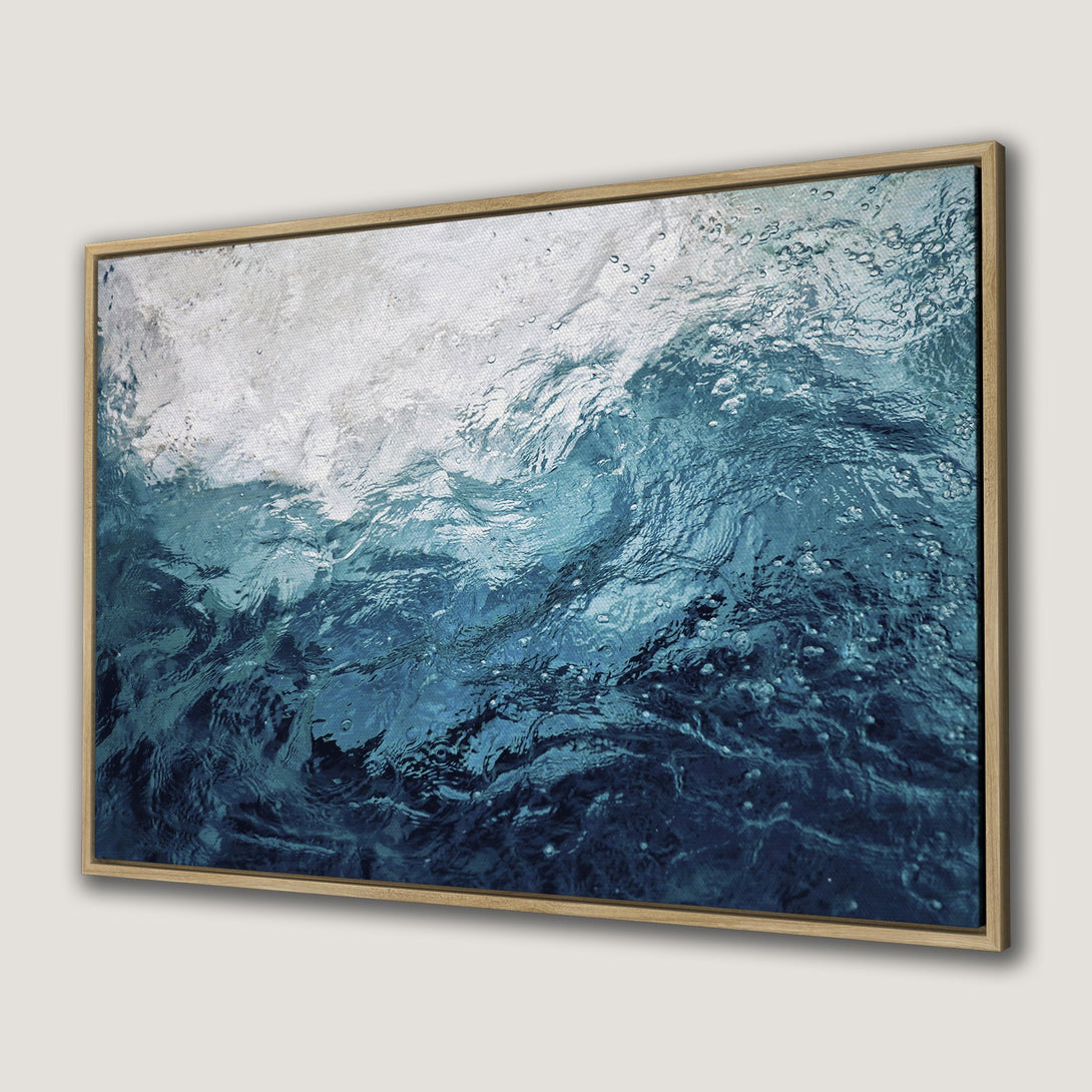 Framed Wall Art: Abstract ocean waves in shades of blue. Coastal-inspired Canvas Print with a calming, modern aesthetic. Perfect for any space.