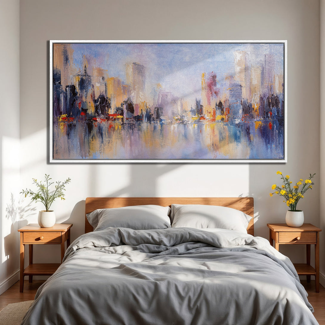 Framed Wall Art: Abstract cityscape Canvas Print in a bedroom. Features a colorful, impressionistic style with blue, orange, and purple hues.