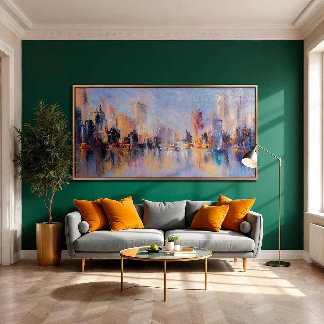 Framed Wall Art: Abstract cityscape Canvas Print with a vibrant, colorful palette. Modern art adds a pop of color to any space.