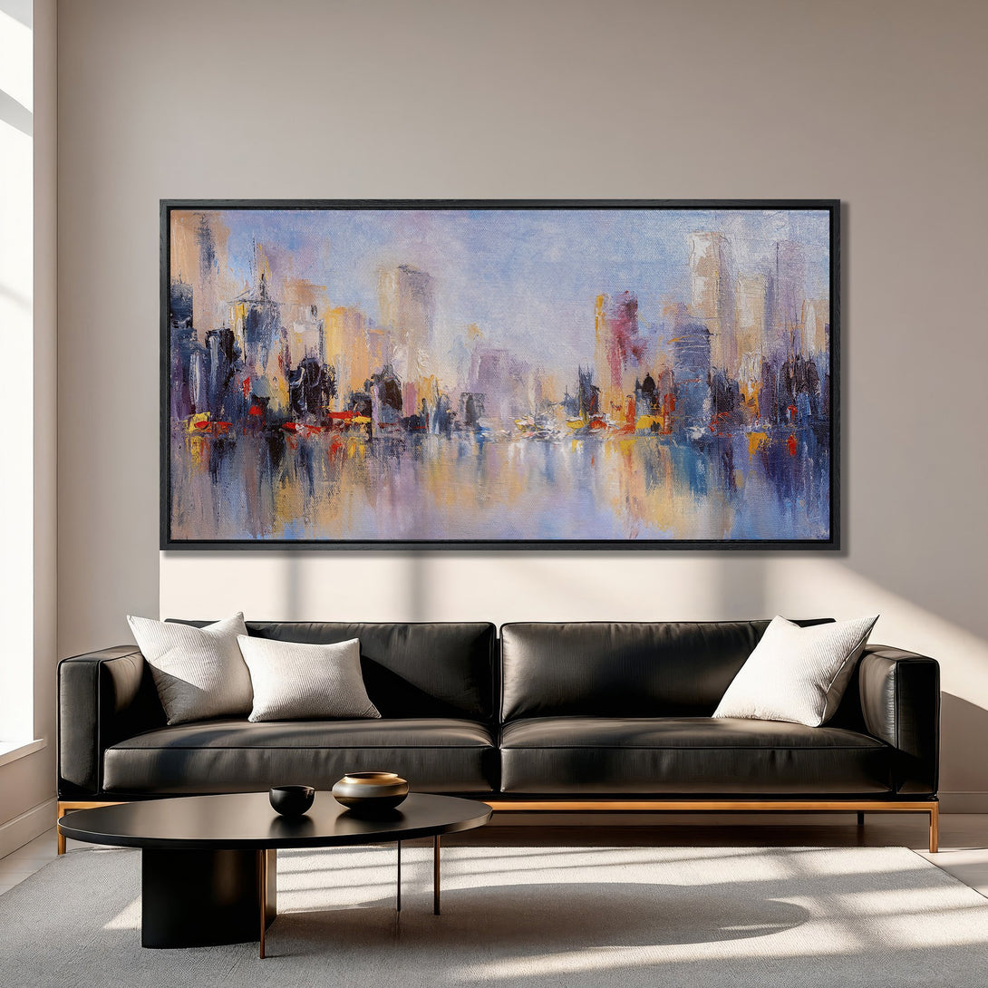 Framed Wall Art: Abstract cityscape Canvas Print with vibrant blues, oranges, and purples. Modern art for your living room.