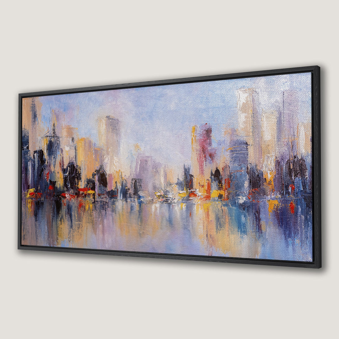 Framed Wall Art Canvas Print of a cityscape painting with impressionistic style, featuring a vibrant blue, orange, and purple color palette.