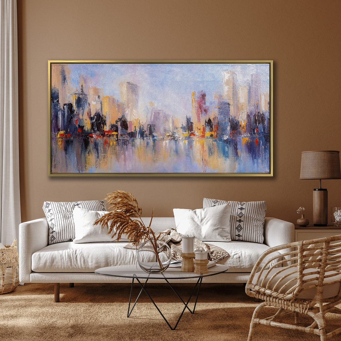 Canvas Print of a cityscape painting in a modern interior. Features a vibrant, impressionistic style with a warm, colorful palette.