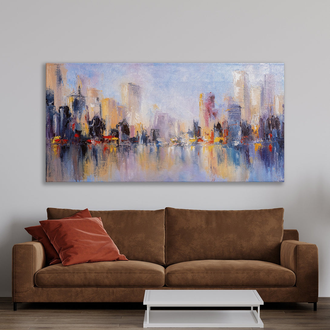 Framed Wall Art: Abstract cityscape Canvas Print with vibrant blues, oranges, and purples. Modern art for your home decor.