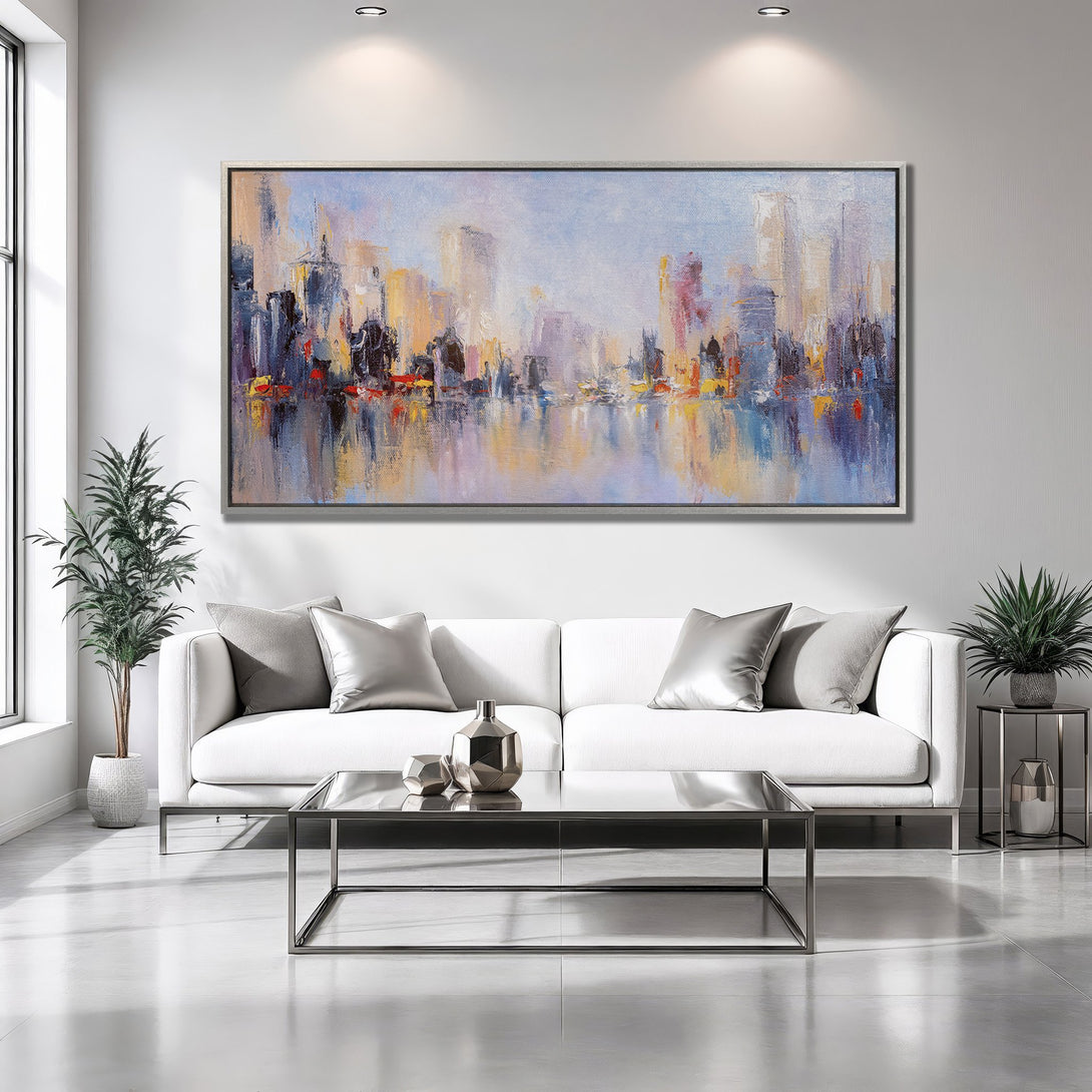 Framed Wall Art: Abstract cityscape painting in blue, orange, and purple hues. Modern art for your home decor.
