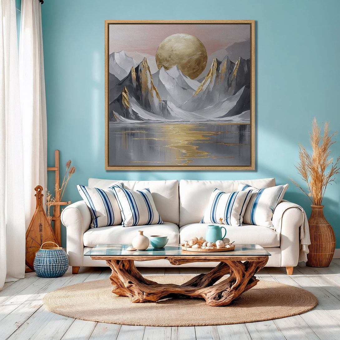 Framed Wall Art: Abstract landscape Canvas Print in gold, gray, and blue tones. Modern art for a stylish living room.