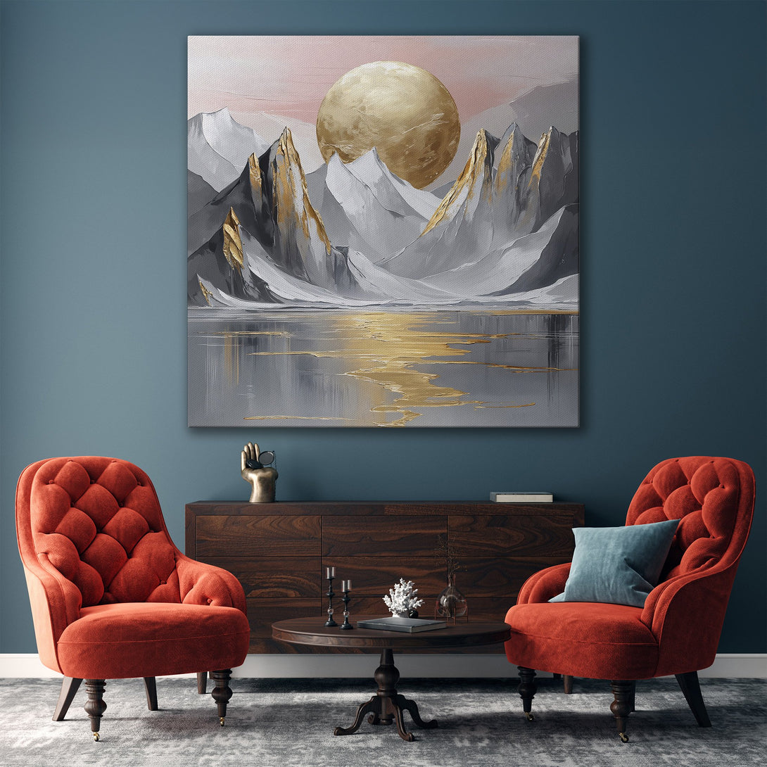 Framed Wall Art featuring a golden sun over a mountain landscape in a modern interior. Neutral gray and gold color palette creates a luxurious, calming vibe.