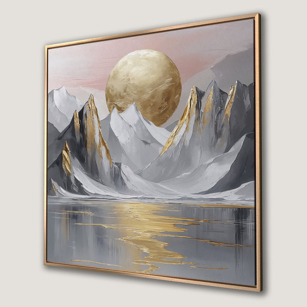 Framed Wall Art: Abstract landscape Canvas Print with mountains, sun, and water. Modern art in gold, gray, and pink color palette. Elevate your home decor!