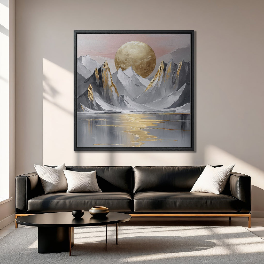 Framed Wall Art: Abstract landscape Canvas Print with mountains, gold accents, and a neutral color palette. Perfect for modern home decor.