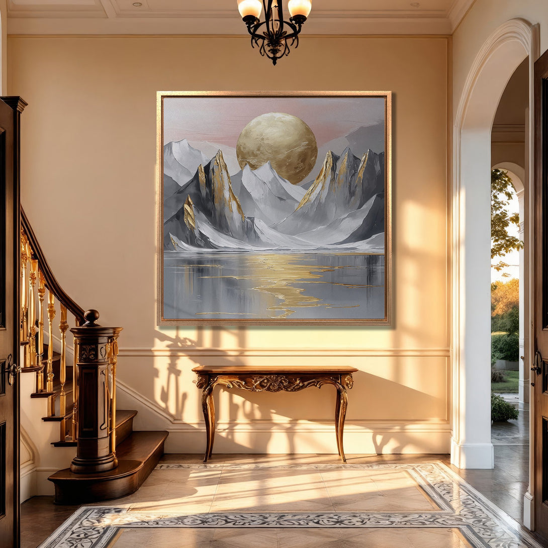Framed Wall Art: Abstract mountain landscape Canvas Print in gold, gray, and beige tones. Perfect for modern home decor.