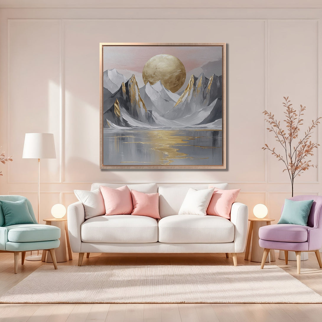 Framed Wall Art: Abstract mountain landscape in neutral tones with gold accents. Modern art for home decor. Enhance your living room with this beautiful piece.