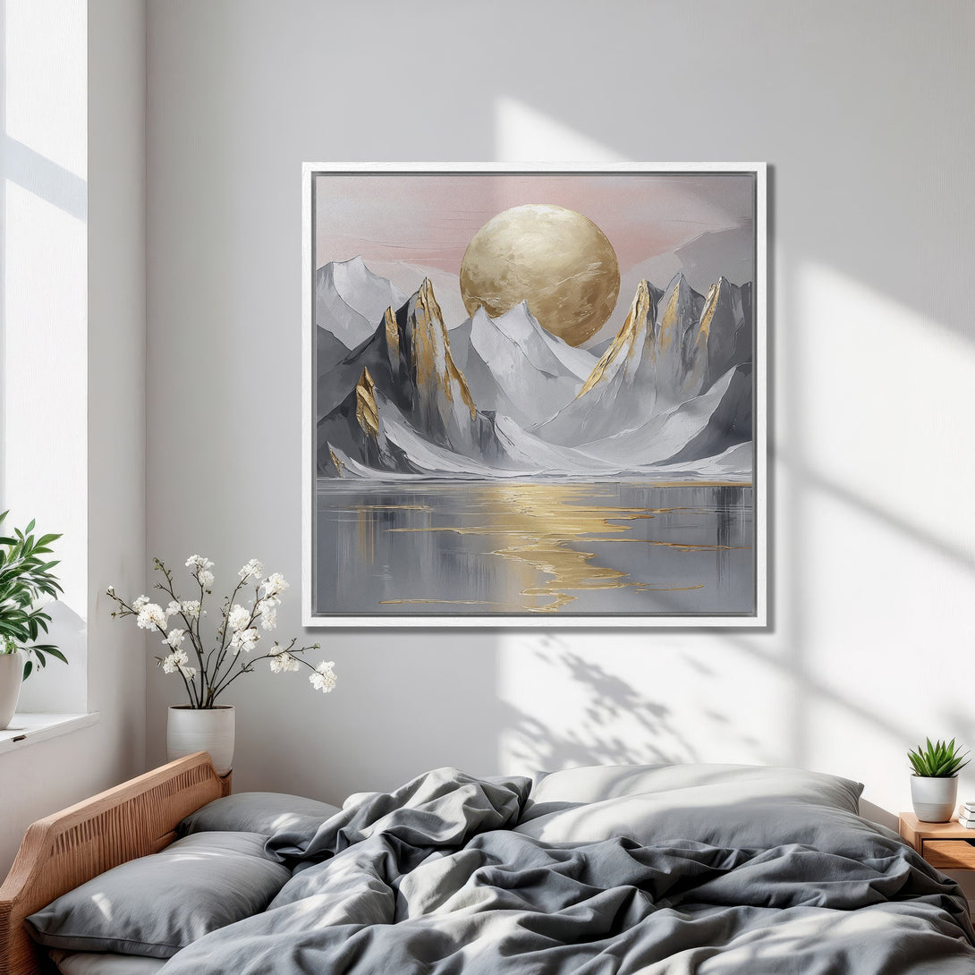 Framed Wall Art: Abstract mountain landscape canvas print in gray and gold tones, perfect for bedroom decor. Modern, minimalist style.