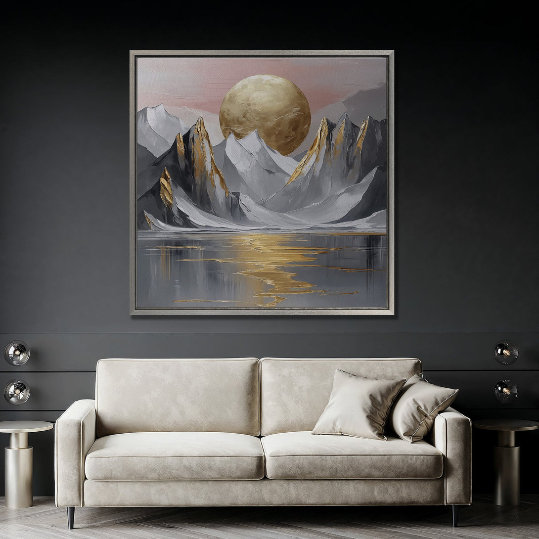 Framed Wall Art: Abstract landscape with gold accents, gray and gold color palette. Modern art for home decor. Stylish canvas print.
