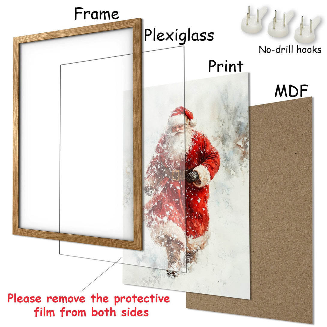 Framed Poster featuring Santa Claus in a watercolor style, with a red and white color palette. Perfect Christmas decor!
