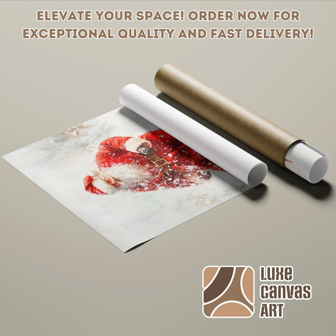 Poster Roll of Santa Claus art, watercolor style, red & white palette. Elevate your space!