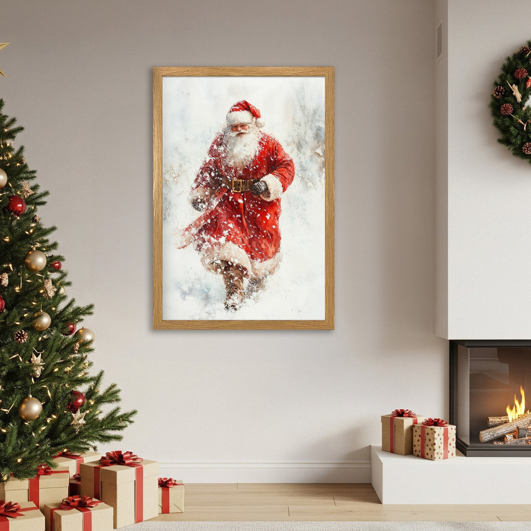 Framed Poster featuring Santa Claus in a watercolor style, with a red and white color palette, perfect for Christmas decor.