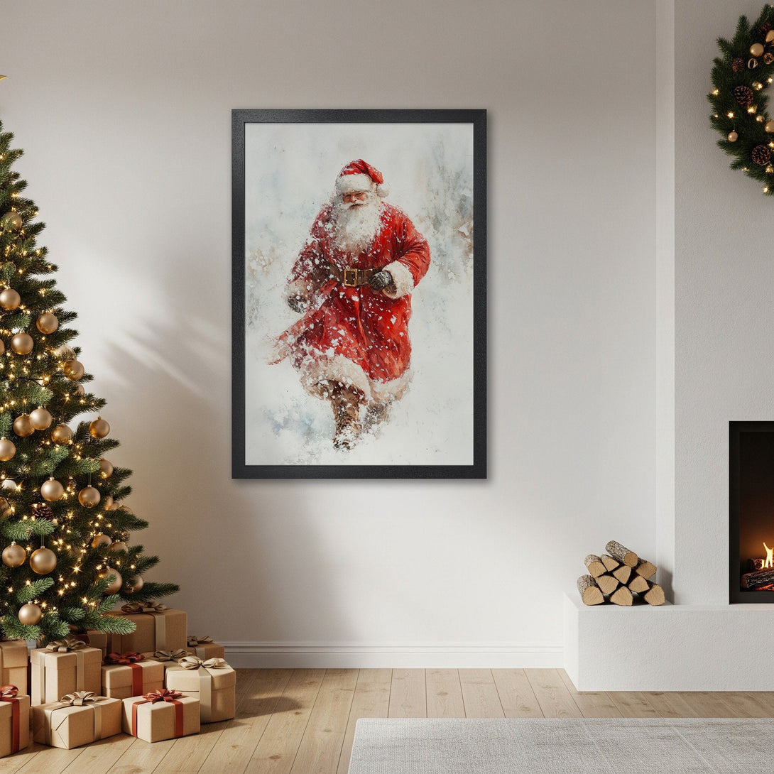 Framed Poster featuring Santa Claus in a watercolor style, red and white color palette, perfect Christmas decor.
