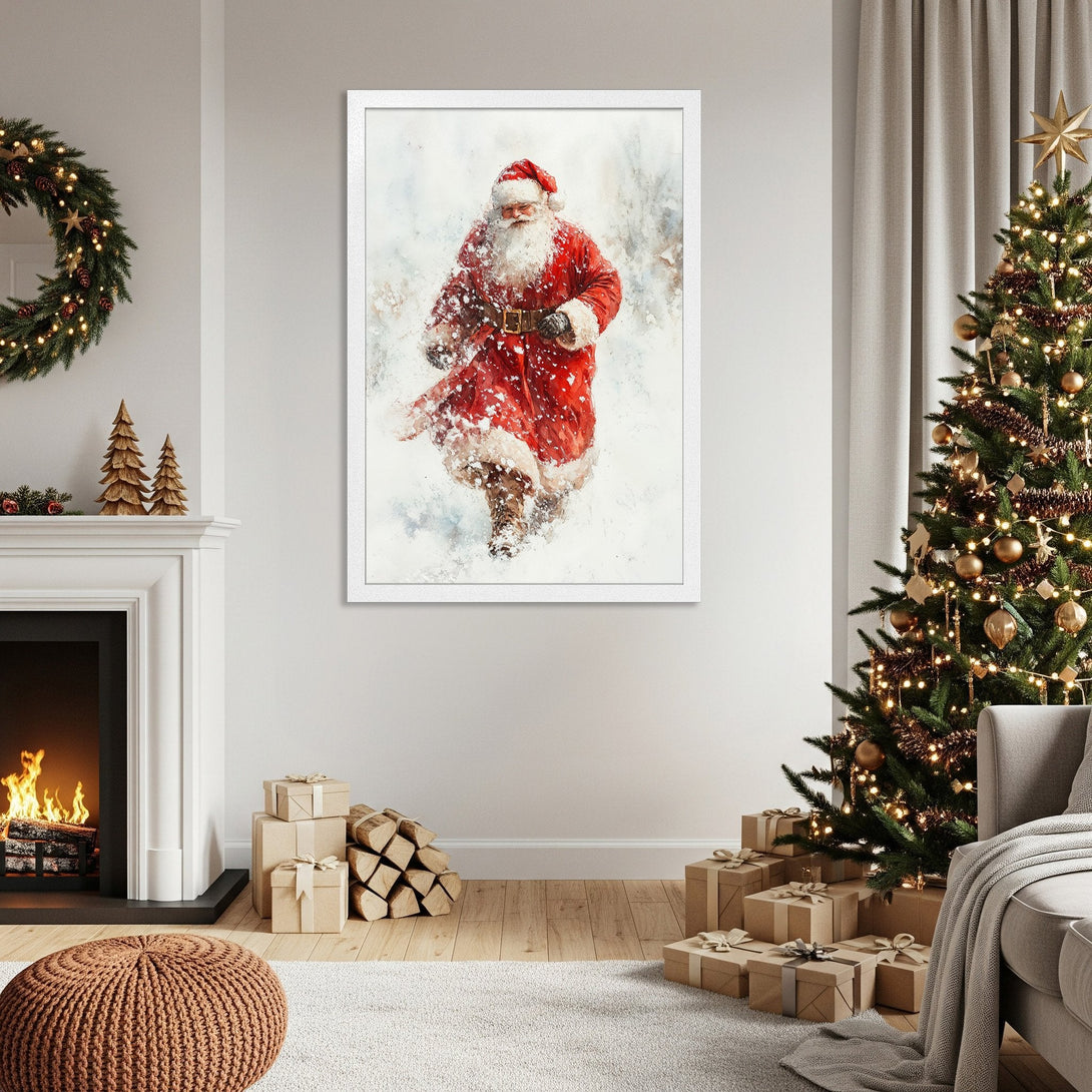 Framed Poster featuring Santa Claus in a watercolor style, vibrant red and white color palette, perfect for Christmas decor.