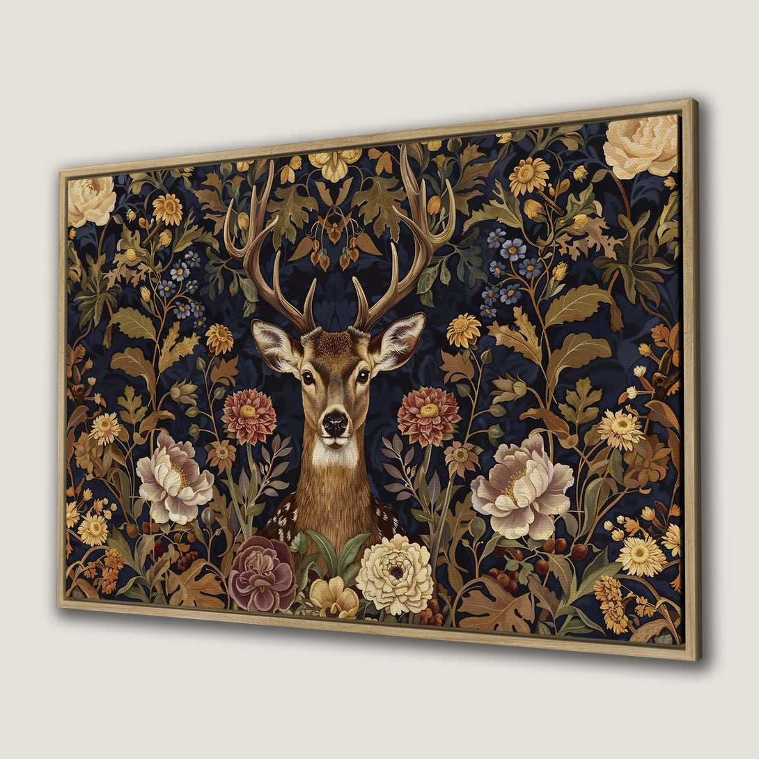 Framed Wall Art: Deer portrait in floral arrangement. Dark blue, gold, and brown color palette. Perfect for a cozy, nature-inspired home.