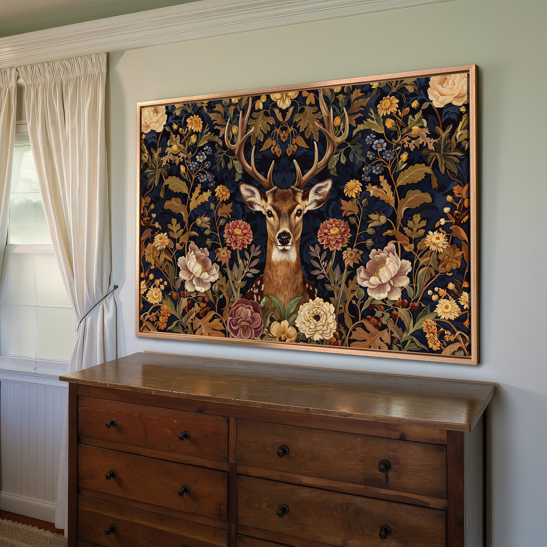 Framed Wall Art: Deer in floral design, rich navy & gold color palette, perfect for adding a touch of elegance to your space.