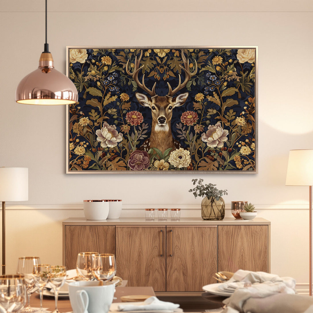 Framed Wall Art: Deer portrait with floral background in a dark blue, gold, and brown color palette. Perfect for adding a touch of elegance.