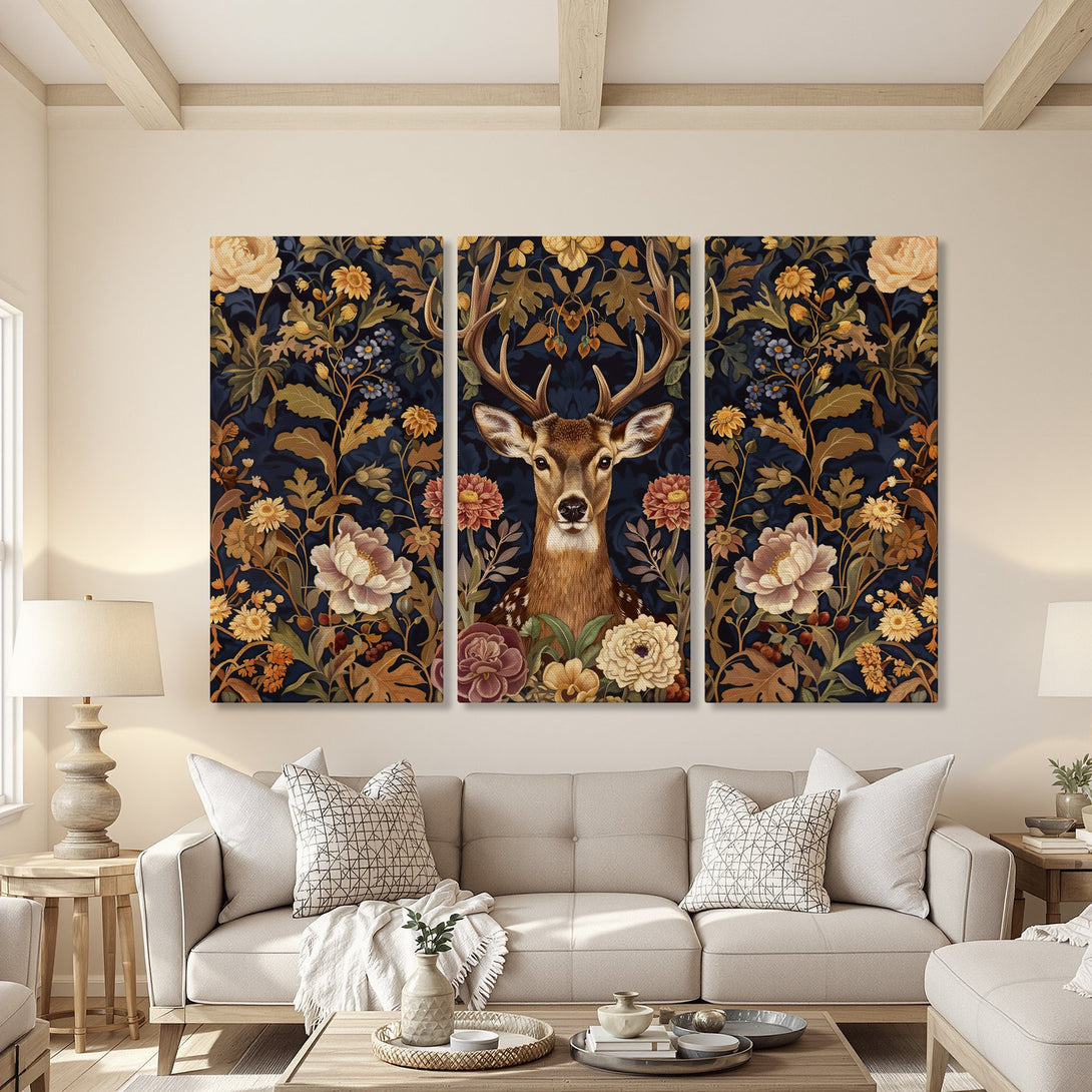 Canvas Print: Deer art with floral design in navy, gold, and cream tones. Perfect for adding a touch of elegance to your home decor.