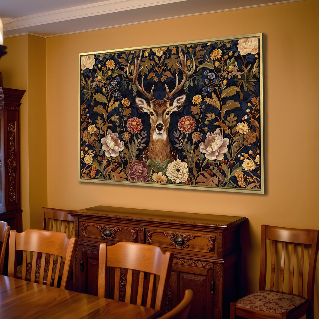 Canvas Print of a deer in a floral design, rich navy, gold, and brown color palette, perfect for adding a touch of nature to your home.