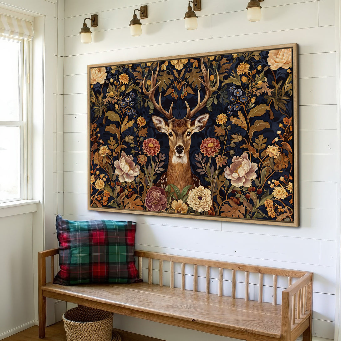 Framed Wall Art: Majestic deer in floral design. Rich navy, gold, and brown color palette. Adds elegant style to any space. Shop now!