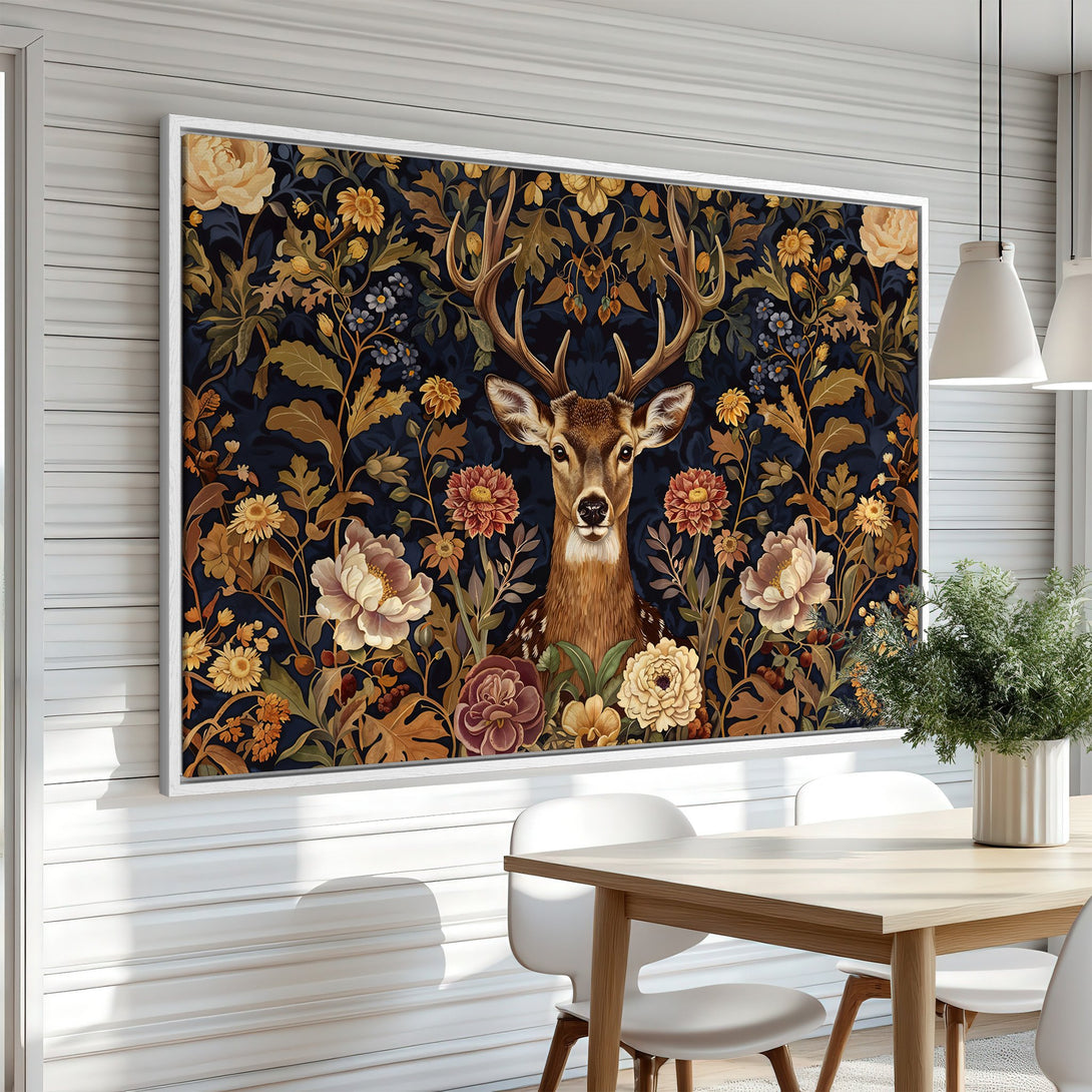 Framed Wall Art featuring a majestic deer in a floral tapestry design. Earthy tones with a dark blue background, perfect for adding a touch of nature to your home.