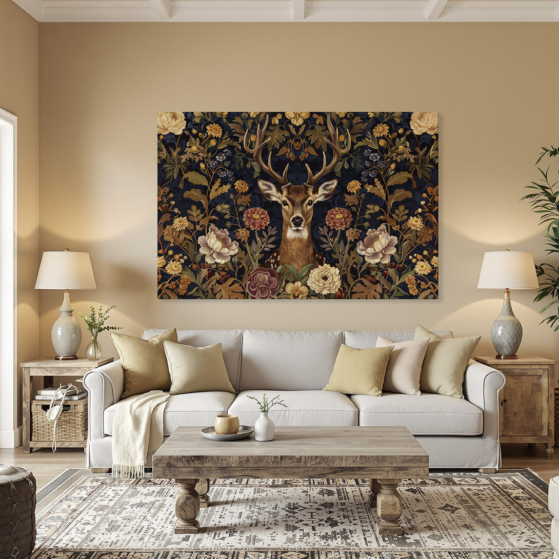 Framed Wall Art: Majestic deer portrait in a floral tapestry. Rich, warm color palette of navy, gold, and earth tones. Elevate your home decor!