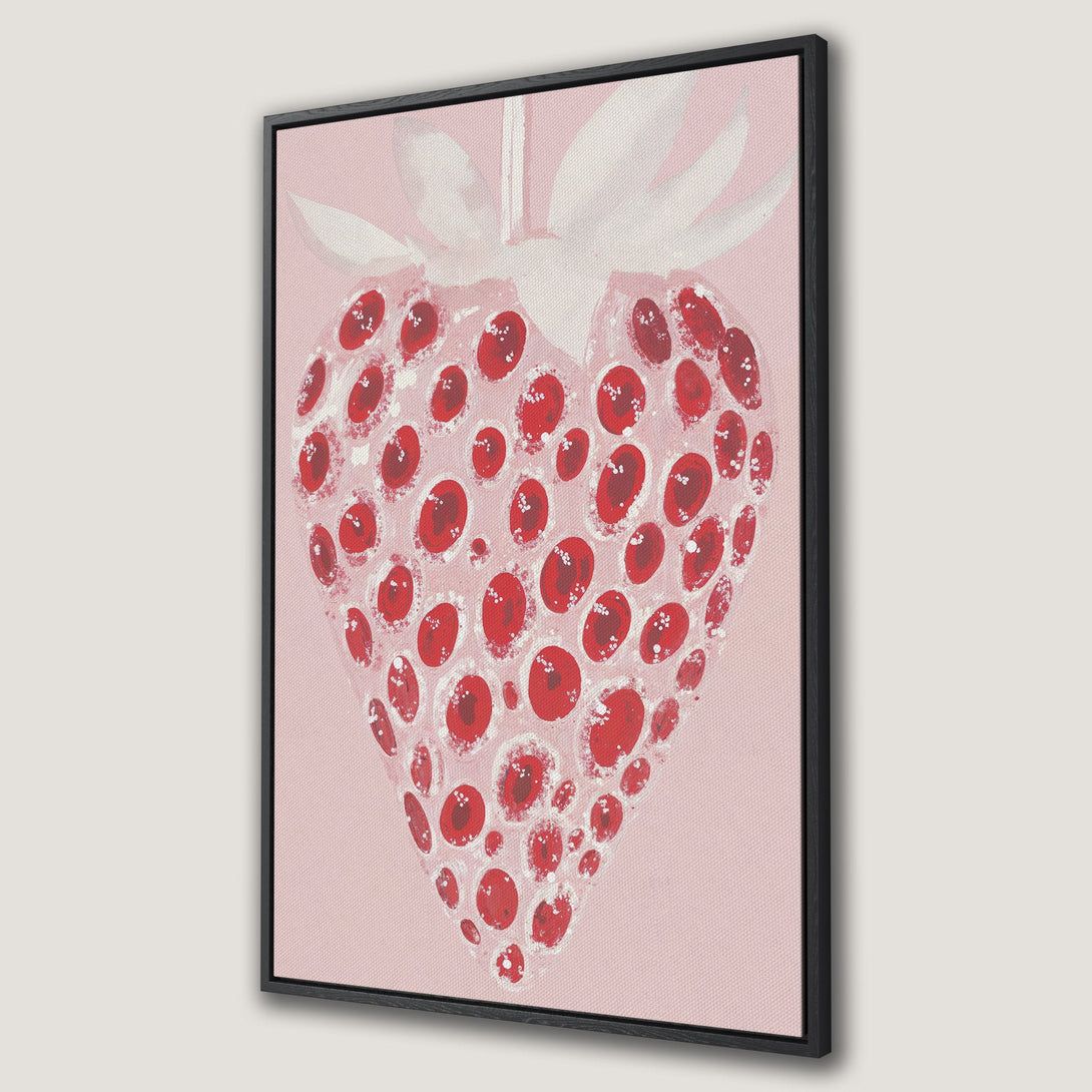 Framed Wall Art featuring a whimsical strawberry illustration. Modern, colorful art with a pink and red color palette. Perfect for kitchen or dining room decor.