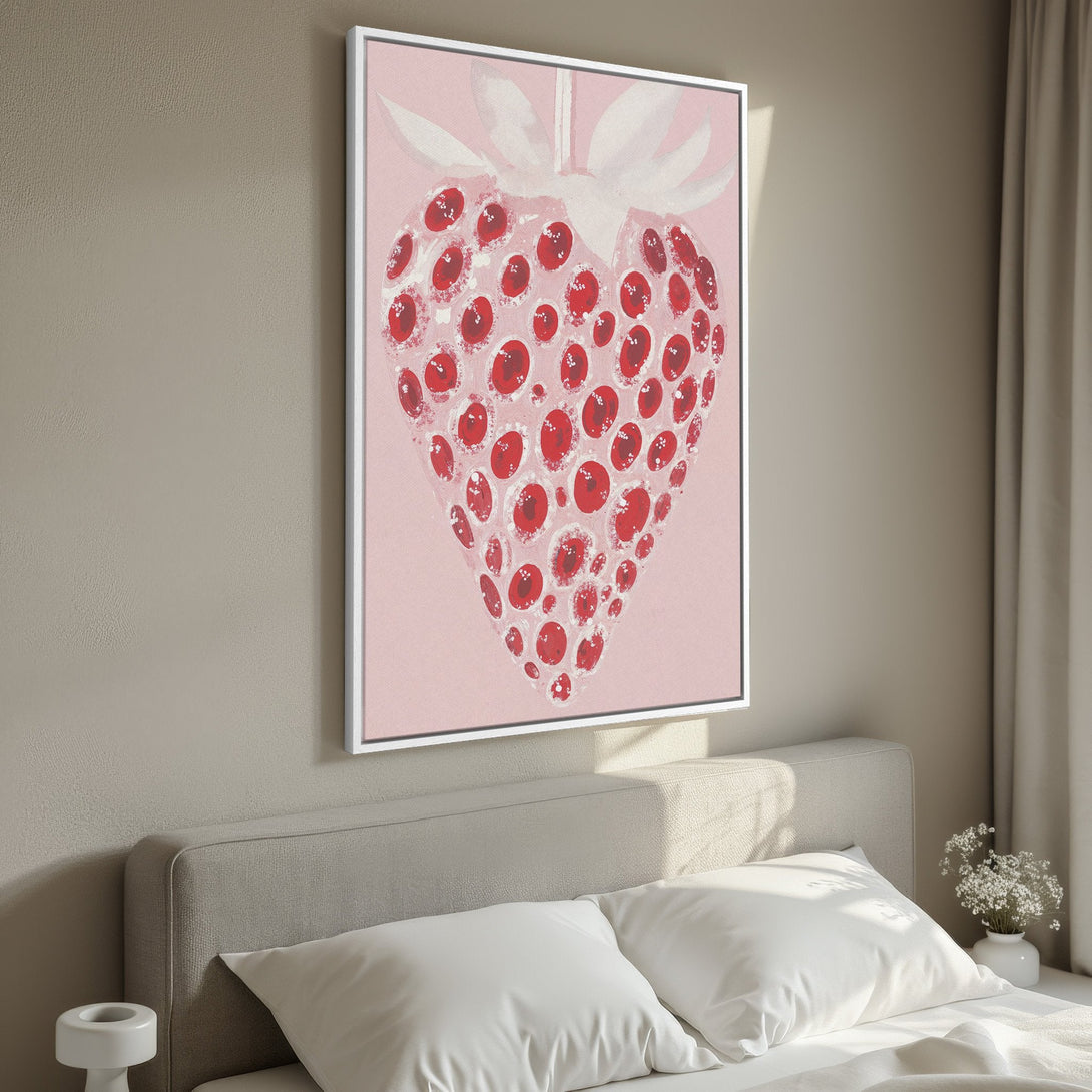 Framed Wall Art: Playful strawberry illustration in pink and red, perfect for adding a pop of color to your bedroom decor. Modern art style.