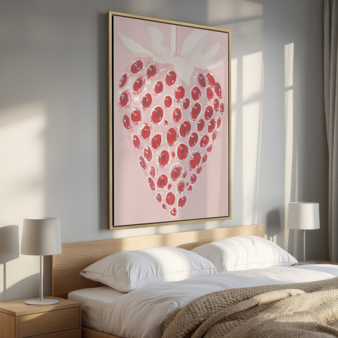 Framed Wall Art: Whimsical strawberry art in a bedroom. Pink & red color palette, modern style. Perfect for adding a pop of color to your space!