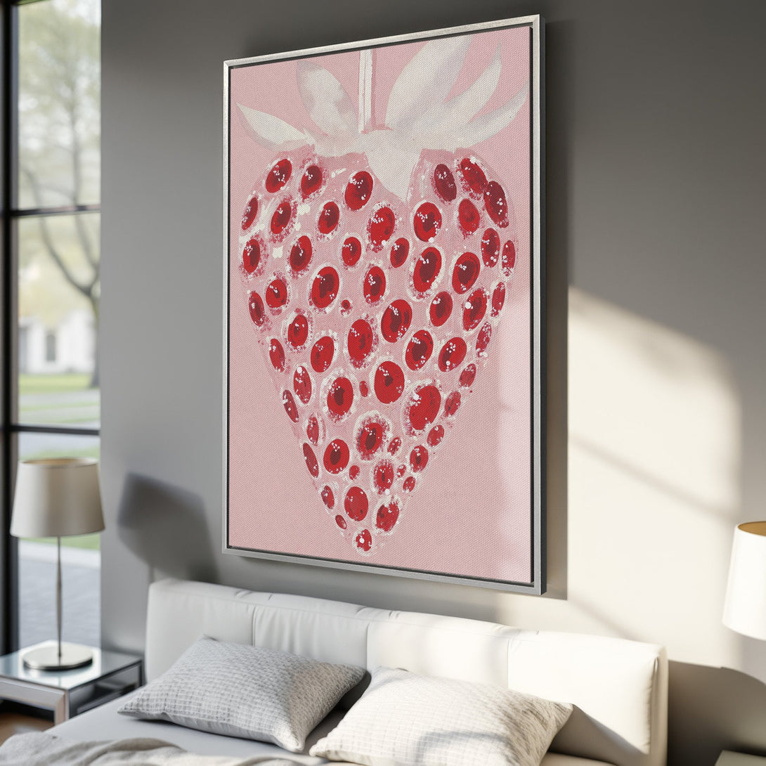 Framed Wall Art: Whimsical strawberry art in a modern style, featuring red and pink hues. Perfect for adding a pop of color to your space.