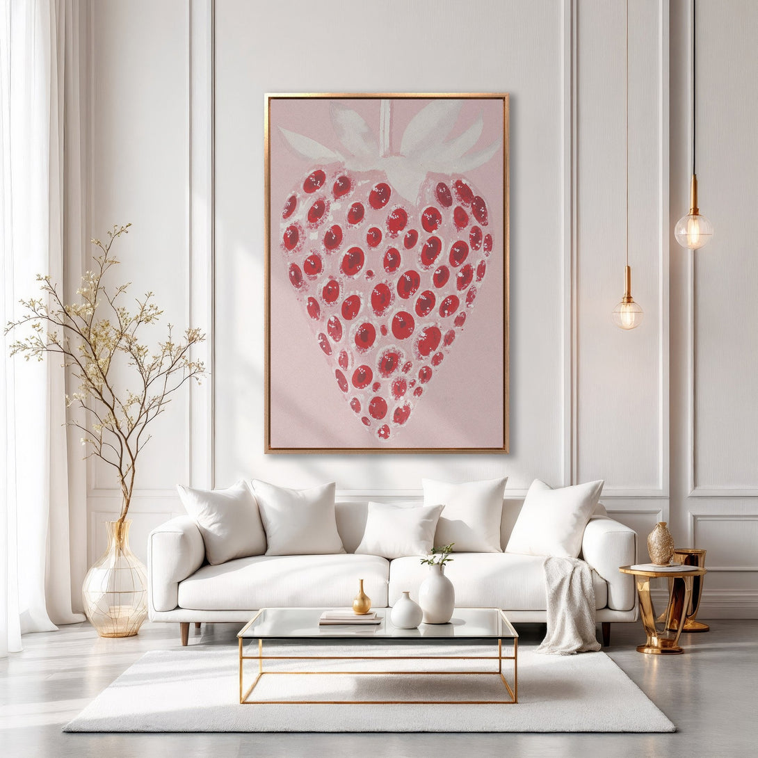 Framed Wall Art: Whimsical heart painting in red and pink, displayed in a modern living room. Adds a pop of color and artistic flair to any space.