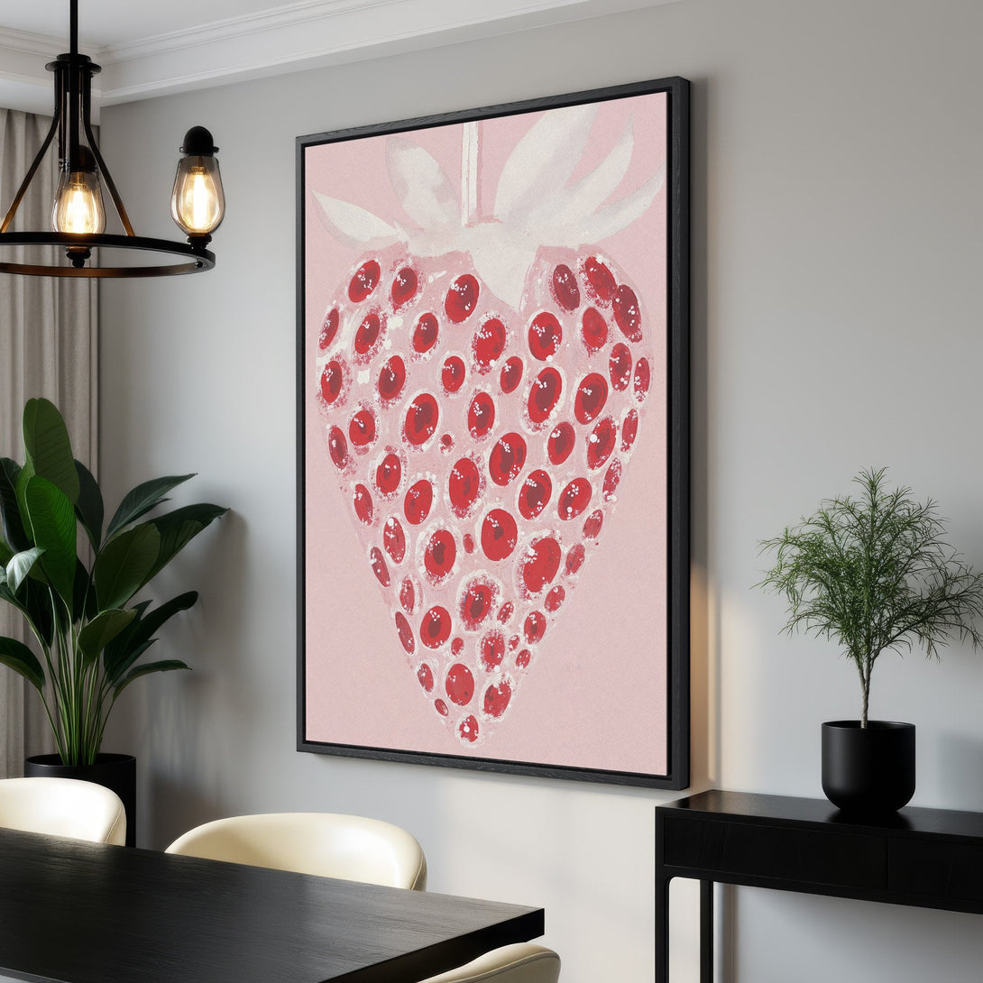 Framed Wall Art: Abstract strawberry art in a modern interior. Pink and red color palette. Perfect for kitchen or dining room decor.