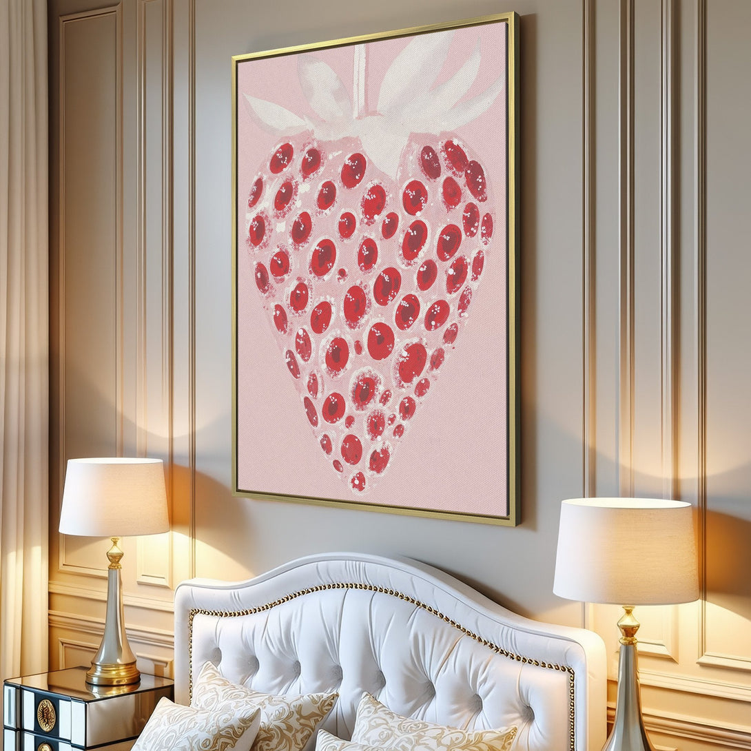 Canvas Print featuring a whimsical strawberry illustration in a soft pink and red color palette, perfect for adding a touch of charm to any space.