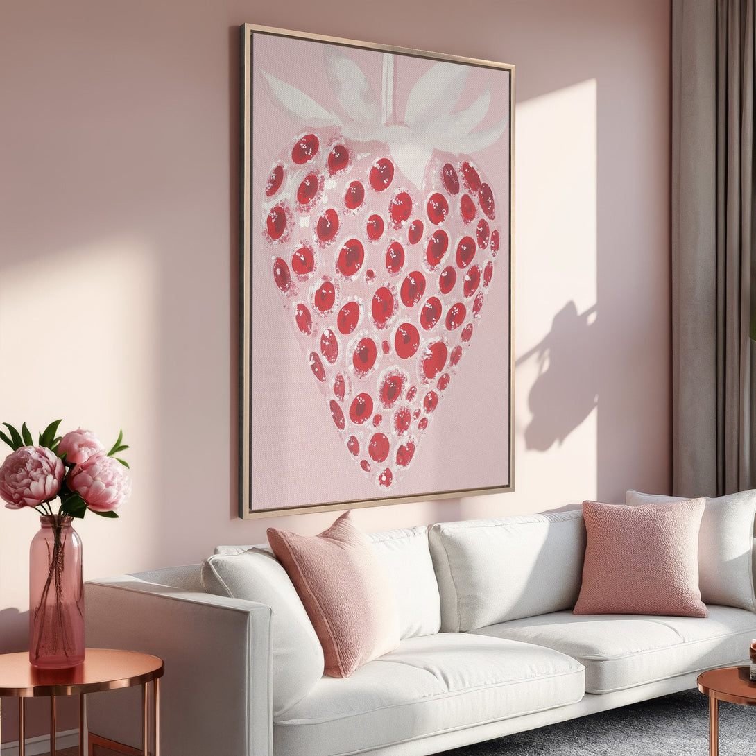 Framed Wall Art: Abstract strawberry painting in a blush pink interior. Modern art with a red and pink color palette, perfect for adding a pop of color.