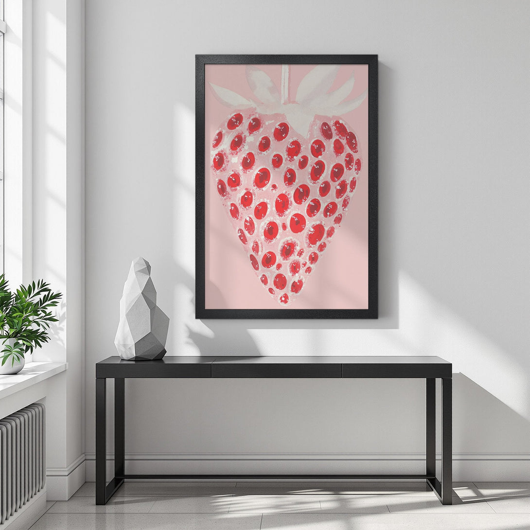 Framed Poster featuring a whimsical strawberry illustration. Modern art with a pink, red, and white color palette. Perfect for kitchen decor!