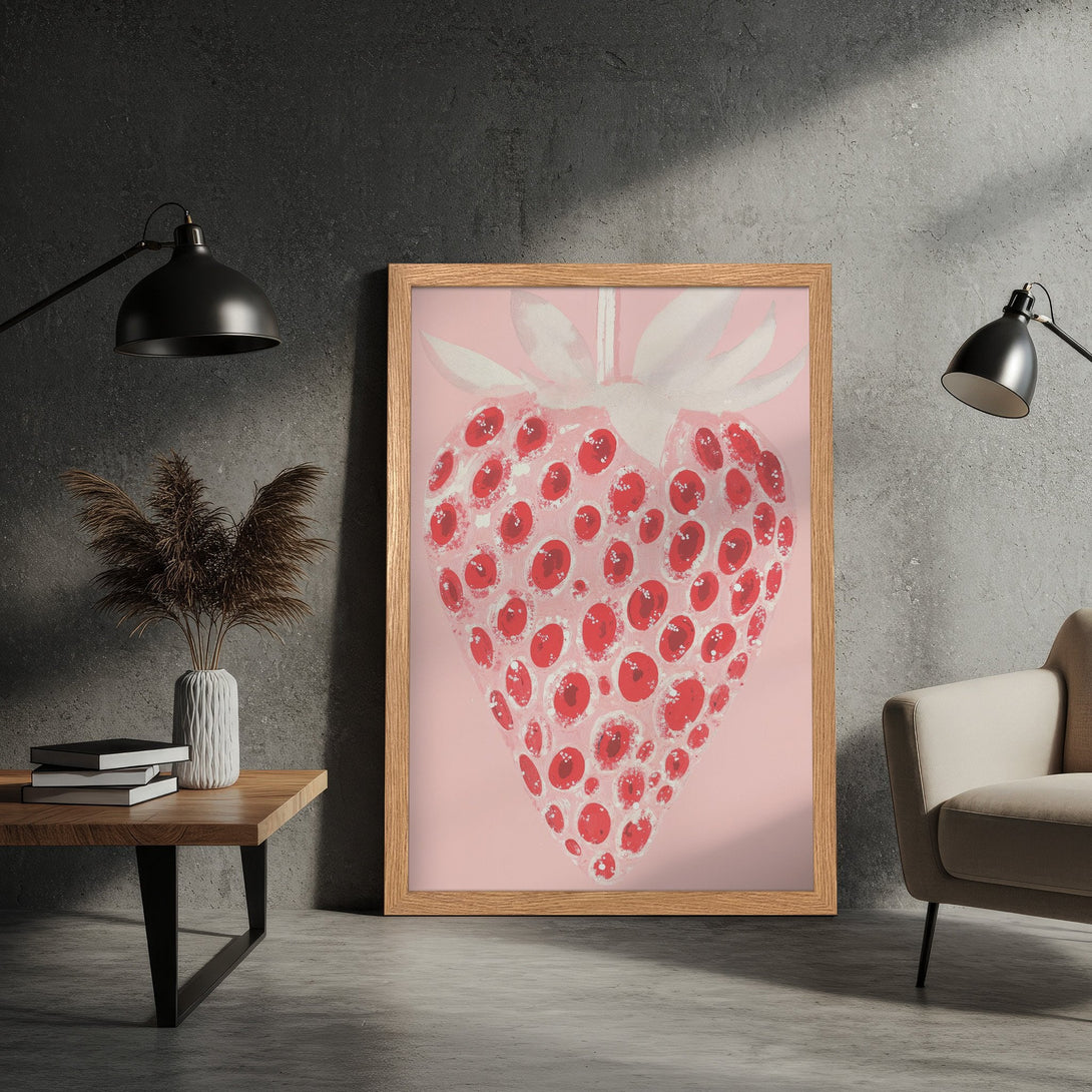 Framed Poster featuring a whimsical strawberry in a pink and red color palette. Perfect for adding a touch of art to your space!