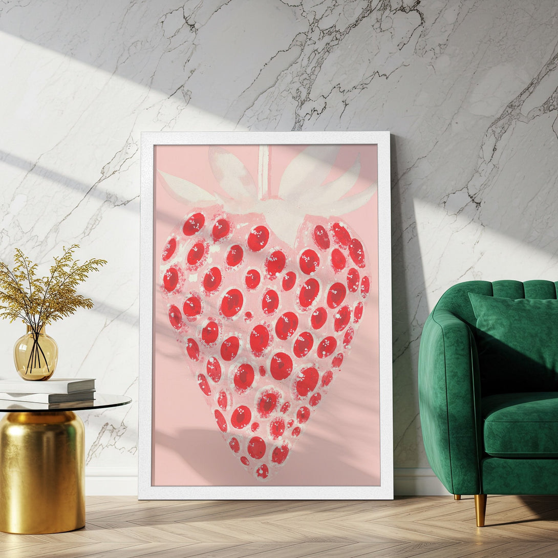 Framed Poster featuring a whimsical strawberry illustration in red and pink. Modern art style, perfect for a stylish home.