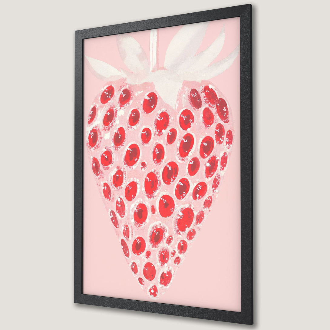 Framed Poster featuring a whimsical strawberry illustration in red and pink hues. Modern art print for kitchen or dining room decor.