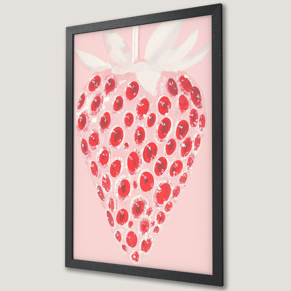 Framed Poster featuring a whimsical strawberry illustration in red and pink hues. Modern art print for kitchen or dining room decor.