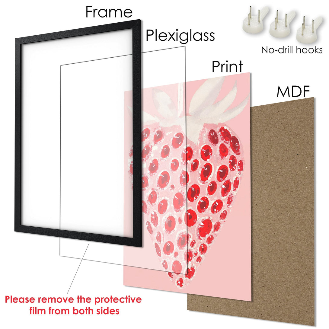 Framed Poster featuring a strawberry art print. Modern style with a pink and red color palette. Perfect wall decor!