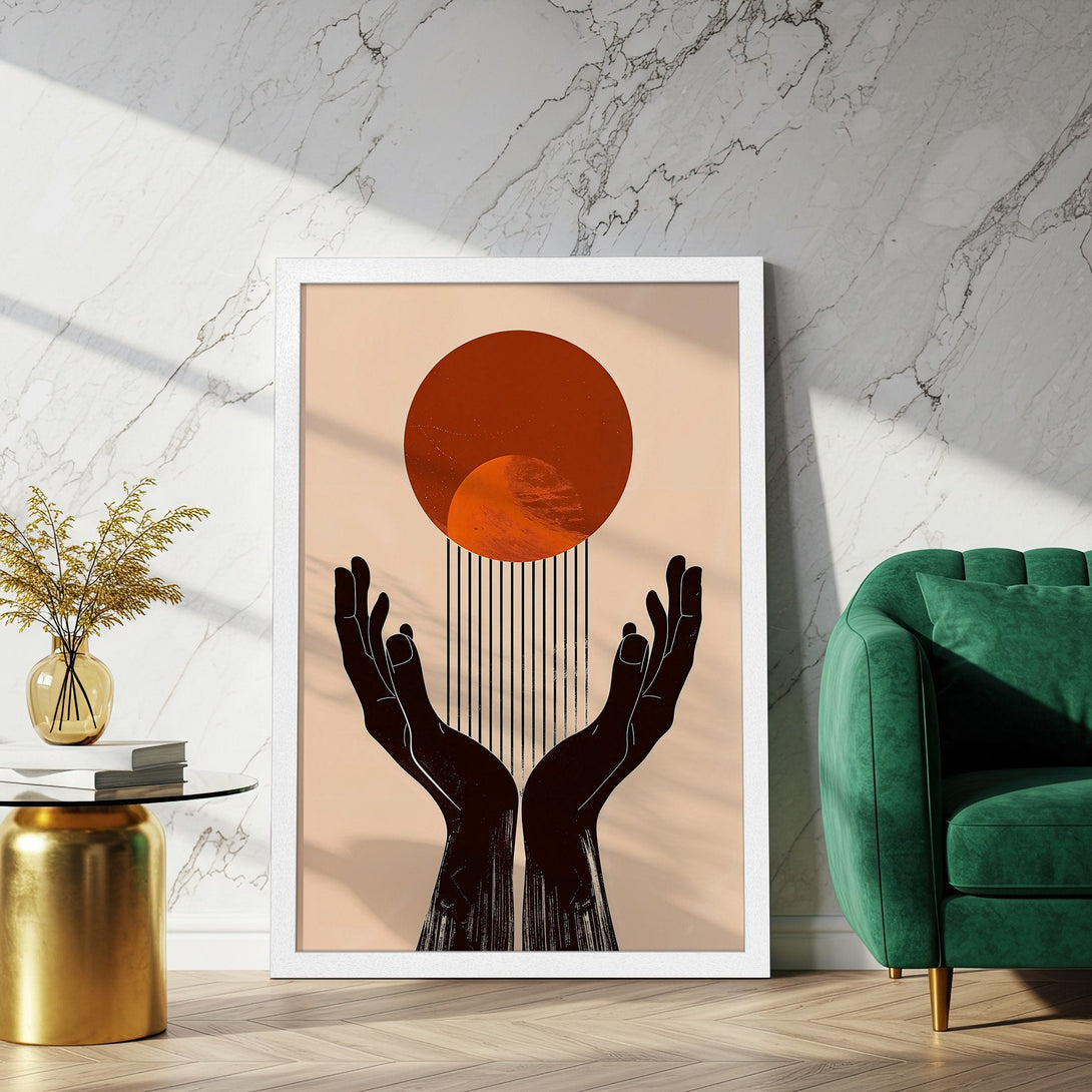 Framed Poster featuring abstract hands and sun in warm tones. Modern art print, perfect for home decor.