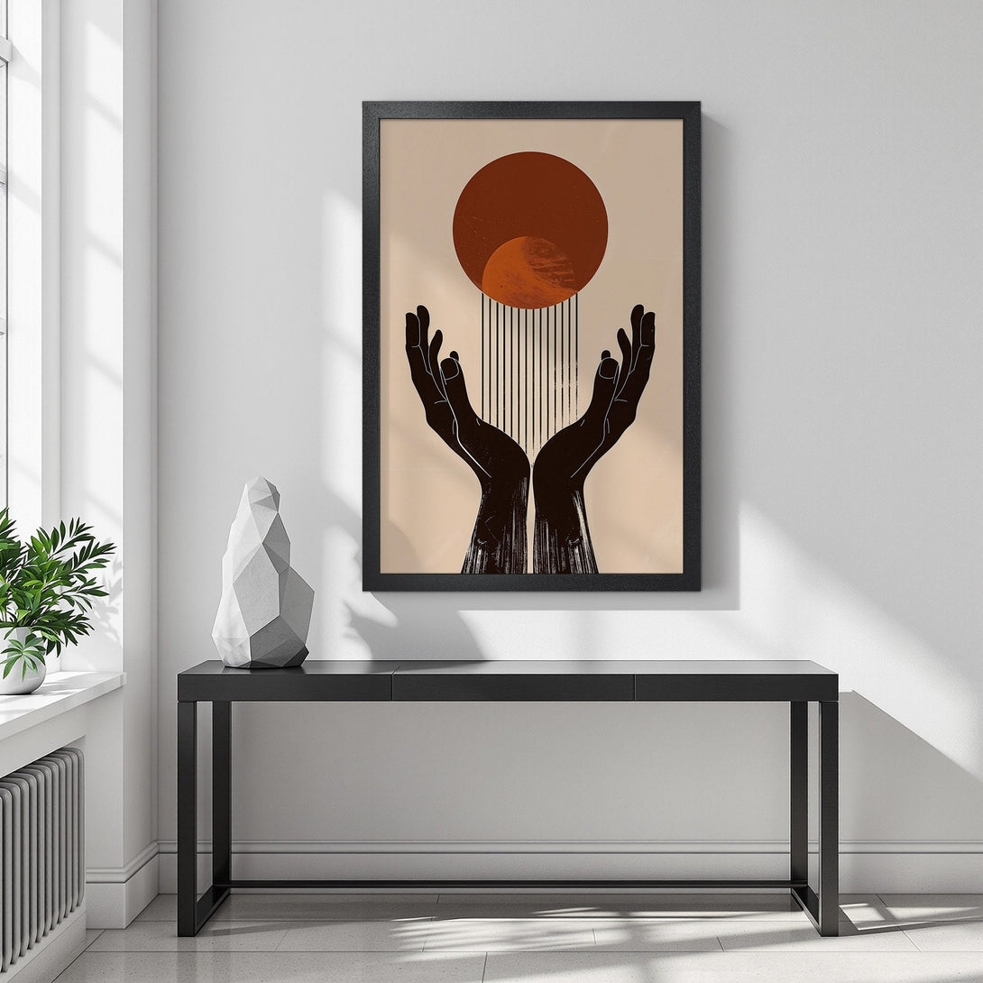 Framed Poster featuring abstract hands and sun design, earthy tones, perfect for modern home decor. Shop now!
