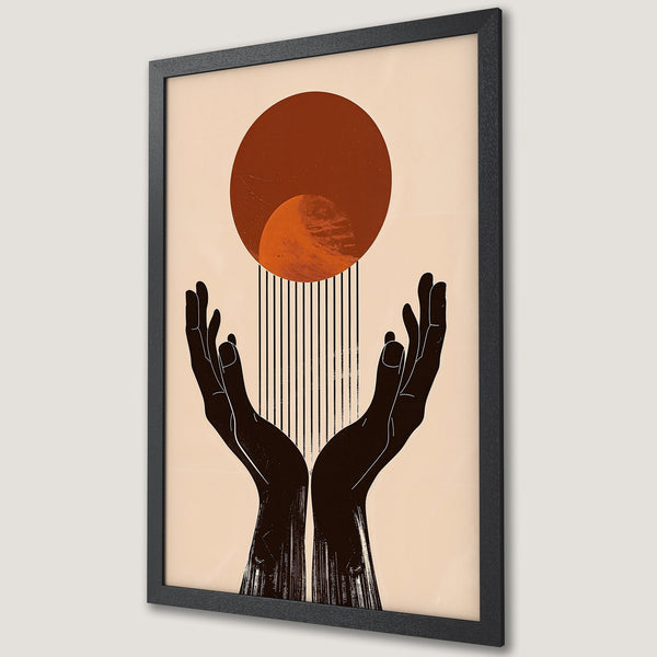 Framed Poster featuring abstract hands, earth tones, and minimalist style. Perfect wall art for modern home decor.